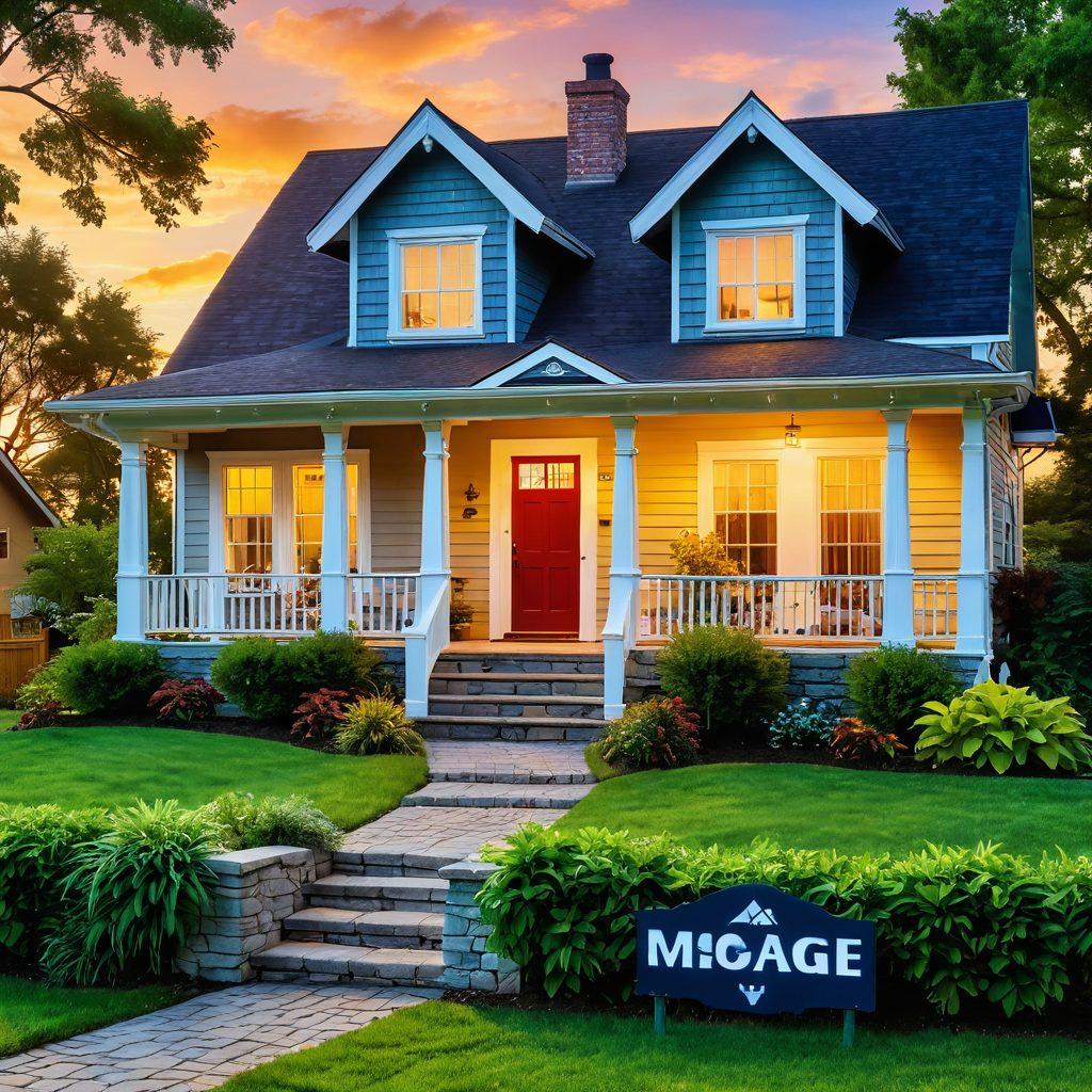 A cozy, inviting home with a 'Sold' sign in the front yard, surrounded by lush greenery. Overlay a transparent graph illustrating mortgage rates and smart financing strategies with upward trends. Include a warm sunset in the background to convey hope and new beginnings. Add diverse people smiling, discussing in front of the home. vibrant colors. super-realistic. bright atmosphere.
