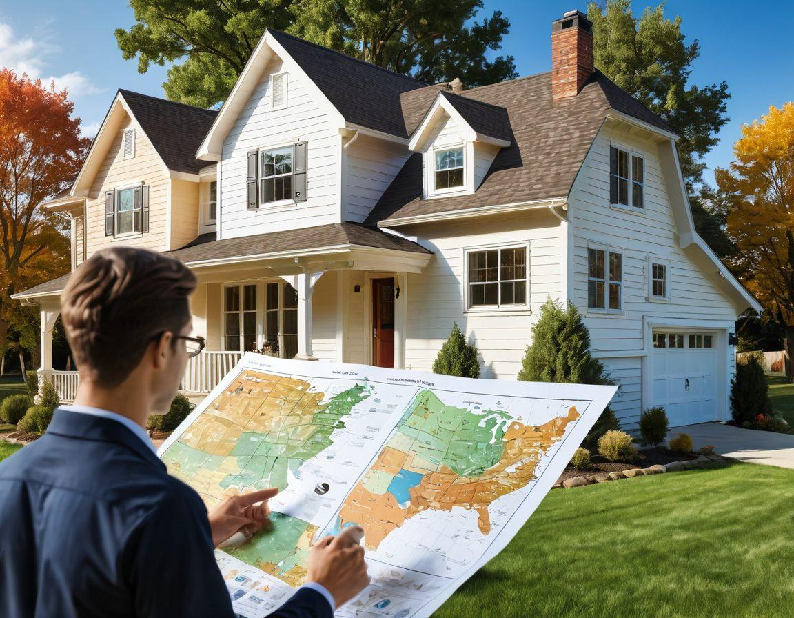 A person examining a large, detailed map filled with various interest rate signs and home financing icons, symbolizing direction and guidance in navigating financial decisions. In the background, a cozy house surrounded by trees and a clear sky creates a sense of home and security. The color palette should include warm shades to evoke trust and stability. super-realistic. vibrant colors. white background.